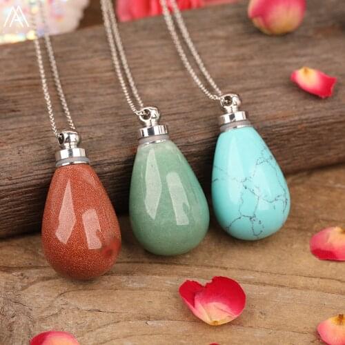 Natural Adventurines Stone Water Drop Perfume Bottle Pendant Findings For Women Silvery Chains Necklace Healing Jewelry Dropship