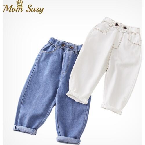 Baby Boy Girl Jean Pants White Blue Infant Toddler Children Jeans Denim Trousers Long Baby Boys Girls Loose Pant Clothes 1-7Y