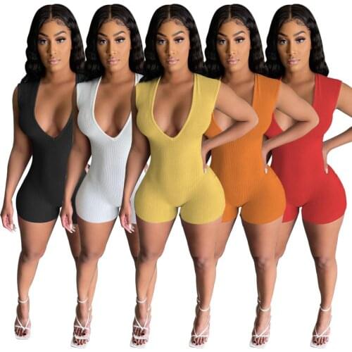 Solid Color Womens Sexy Skinny Casual Overalls Nightclub Rompers Short Jumpsuit Deep V Neck Shorts Sleeveless Knitted Bodycon