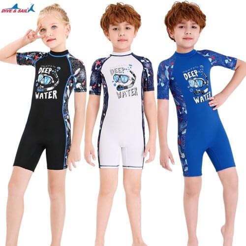 Dive Sail UPF 50+ One Piece Swimsuit Kids Short Sleeve Beach Diving Skin Anti UV Rash Guard Lycra Swimwear For Girl Boy Zip Back