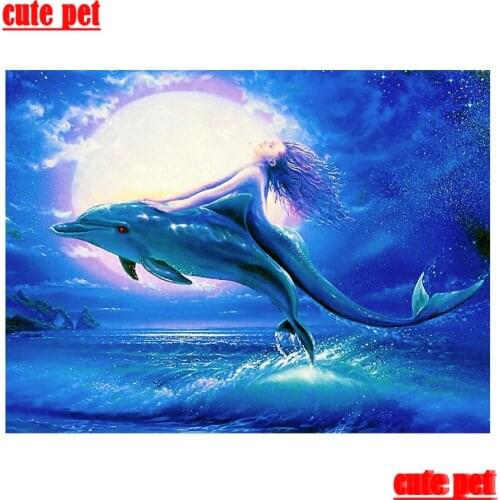 Full Square Diamond DIY Diamond Painting Dolphins and Mermaid 5D Embroidery Cross Stitch Rhinestone Mosaic Painting Home Decor