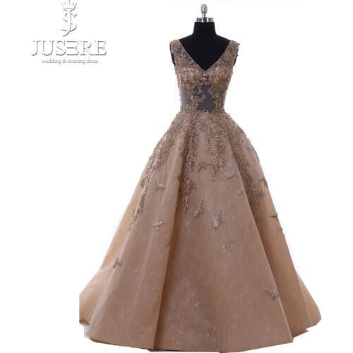 Luxury Charming JusereDark Champagne A-Line V-Neck Appliqued Beaded See Through Top Floor-Length Prom Dresses Evening Party Gown