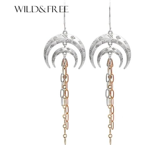 Wild&Free Hot Alloy Long Dangle Earrings Punk Ethnic Style Antique Moon Shape Earrings Vintage Bijoux Drop Earring Women Jewelry