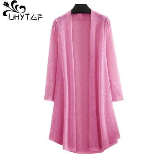 UHYTGF Ice Silk Shawl Summer Coat Womens Long-Sleeved Mesh Cardigan Female Thin Sun Protection Clothing 5XL Plus Size Tops 1700