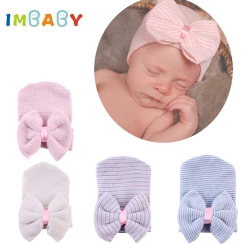 IMBABY Superior Baby Girl Hats Kids Photography Accsessories Knitted Cap With Big Bow Baby Hats Striped Soft Toddler Girl Hat