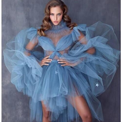 Chic Short Orchid Dress Ruffled Horse Draped Sexy Prom Gowns Tulle Puffy Sleeves Unique Women Cocktail Party Dresses Plus Size