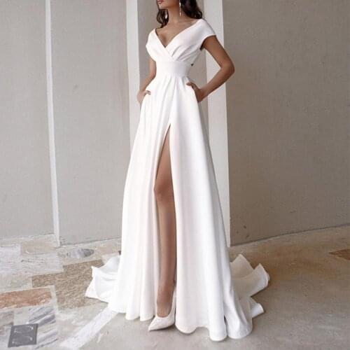 V-neck Party Dress White High Waist Side Split Floor-Length Dress With Pockets for Banquet