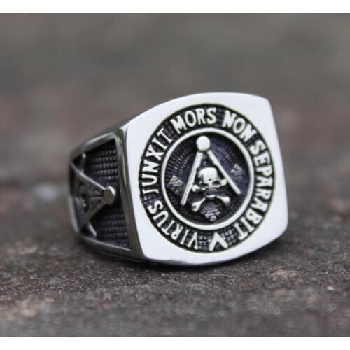 Vintage Mens Stainless Steel Silver Color Ring Masonic Skull Ring Gothic Punk Knight Party Jewelry