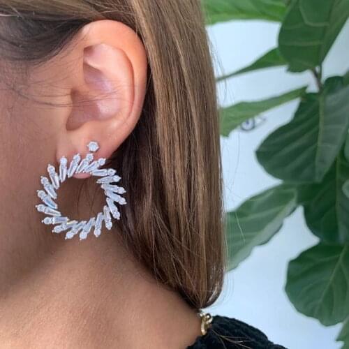 Cz round circle stud earring for women Gold white blue cubic zirconia geometric jewelry