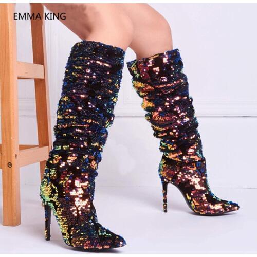 Winter New Shooting Color Womens Knee High Boots Pointed Toe Shoes Runway Street High Heels Matching Nightclub Bling Boot Mujer