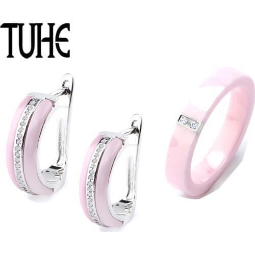 Lovely Elegant Jewelry Set Pink Ceramic U Shaped Earrings And 4mm Wide Cut Surface Ceramic Ring For Women Healthy Jewelry Gifts