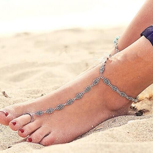 Summer Beach Vintage Antique Silver Color Toe Ring Anklets Bohemia Fashion Geometric Flower On Leg Anklet For Women Foot Jewelry