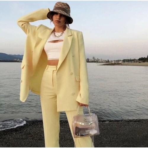 Yellow Blazer Suit Two Piece Set 2021 Women Solid Colors Double Breasted Casual Office Blazer + High Waist Straight Pants Suit