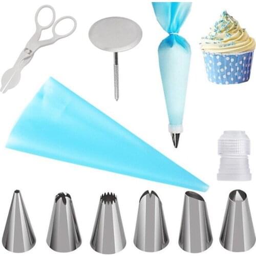 10PC/SET Silicone DIY Icing Piping Cream Pastry Bag+6pc Cake Nozzle Tips Decorating Tools + Nail Lifter Needles+ Flower Scissors
