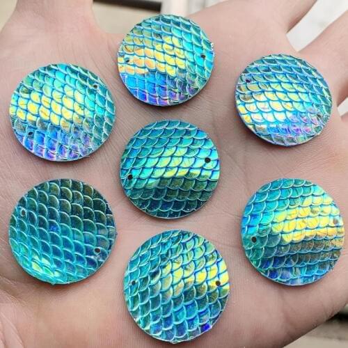 12pcs 25mm Big AB Crystal Fish Scale Rhinestones Sewing Resin Applique Round Flatback Strass Sew On Stones for Clothes Crafts