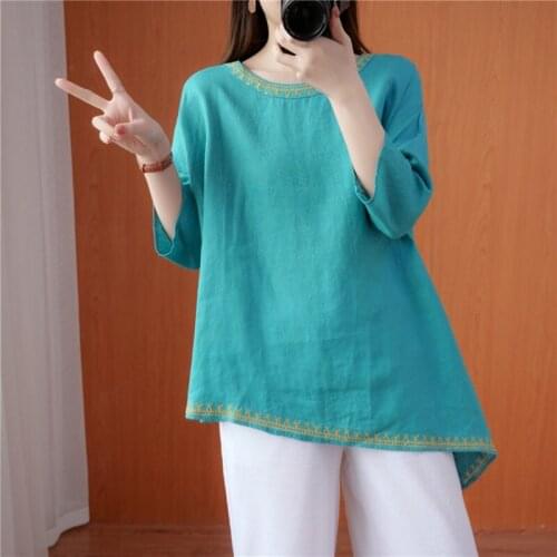 2021 Summer Chinese Traditional Women Clothing Hanfu Top Tang Suit Chinese Blouse Chinese Ancient O Neck Linen Shirts 31008