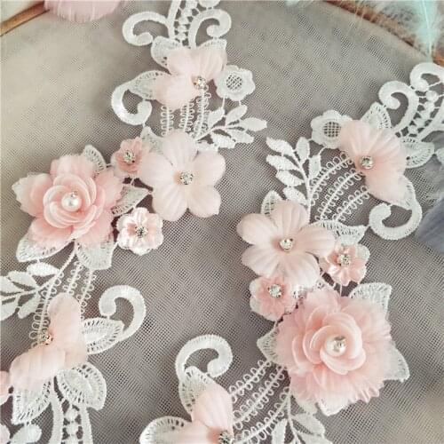 3D Pink Flower Pearl EmbroideryLace Fabrics Applique Diy Cloth Decoration Patches For Evening Dress Sew On Accessories Handmade