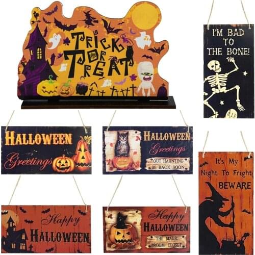 1Pcs Halloween Wooden Hanging Signs Wooden Pumpkin Trick Or Treat Skull Witch Table Ornaments For Home Door Decor Halloween Prop