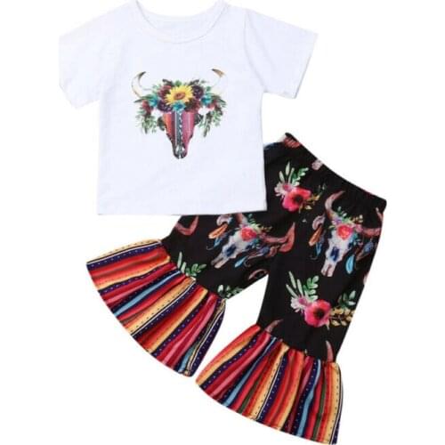2-6Y Kids Baby Girl Short Sleeve Cotton T-shirt Tops Floral Flared Pant Bell Bottom 2PCS Girls Clothing Set