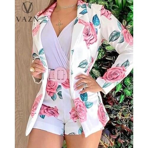 VAZN 2021 Autumn Fresh Print High-end Suits Set Young Sweet Overalls Full Sleeve Suits Short Pants Slim Women 2 Piece Set