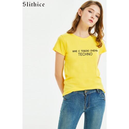 Slithice T-shirts for women Summer Top Cotton Clothes Russian Inscription Letter Print Casual tshirt for lady Black White shirt