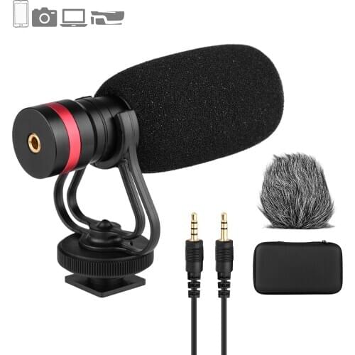 Cardioid Directional Condenser Microphone with Anti-Shock Mount 3.5mm TRS and TRRS Audio Output Cables Sponge Windshield Furry