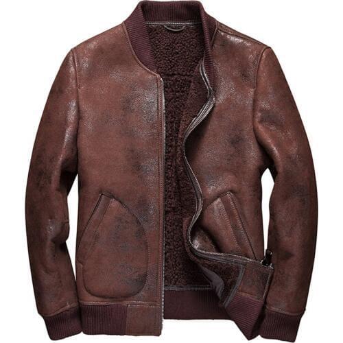 Denny&Dora Red Brown Mens Shearling Coat Mens Fur Coat Baseball Sheepskin Aviator Jacket
