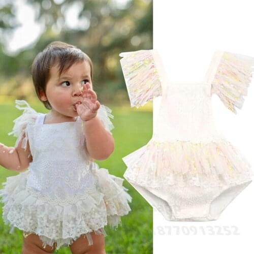 0-3Y Princess Baby Girls Romper Dress Tassel Short Sleeve Sequined Lace Flowers Jumpsuits One Piece