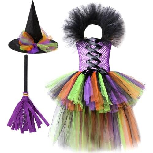 High Low Witch Tutu Dress for Girls Halloween Costumes for Kids Cosplay Party Dresses with Hat Broom Children Trailing Outfits