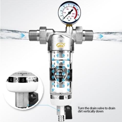 1/2INCH 1INCH Central PreFilter Whole House Water Pre-filter Double Filter Purifier Large Flow 40um Backwash Pressure Gauge