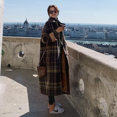 Plaid Woolen Coat Womens Mid-length Autumn and Winter 2020 New Loose Thickening Retro Long Trench Single Breasted Overcoat y340