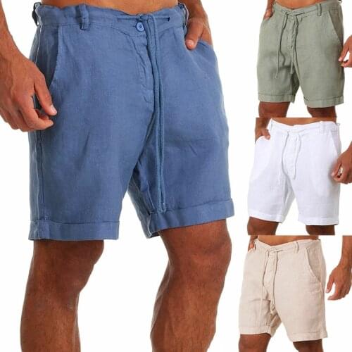 New Mens Casual Fashion Shorts Linen Solid Lace Up Sports Pants Summer Beach Breathable Flax Shorts