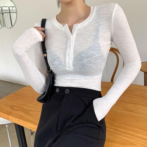 Slim Thin Sexy Elasticity T Shirt Women T-Shirt Long Sleeve Tshirt Top 2021 Button V Neck Tops Summer Korean Fashion Clothing