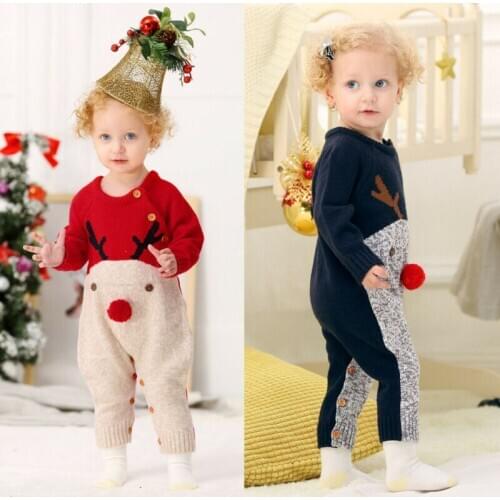 2019 Newborn Baby Girl Boy Xmas Wool Knit Romper Sweater Deer Pattern Warm Outfit Xmas Deer Print Top Jumpsuit 0-18M