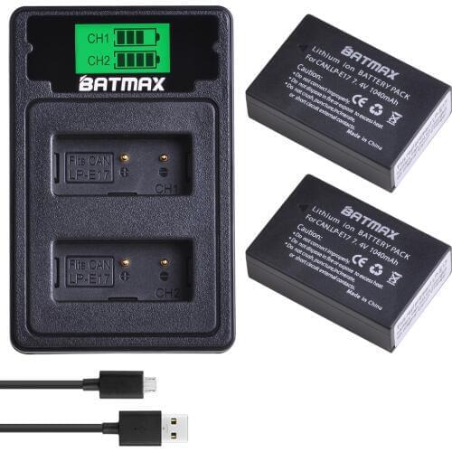 2Pcs LPE17 LP-E17 LP E17 Battery + LCD Dual USB Charger with Type C Port for Canon EOS M3 M5 M6 Rebel T6i T7i EOS 77D 750D