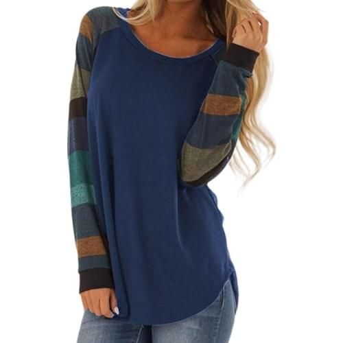 New Patchwork Long Sleeve Women T-shirt Slim Casual O Neck Arc Hem Tunic Blouse Pullover Top