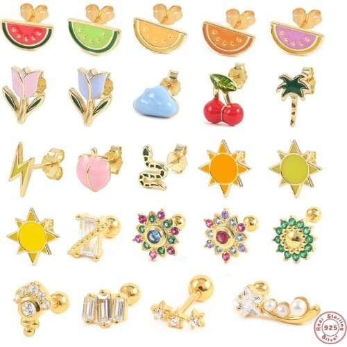 Piercing Pendientes S925 Sterling Silver Colorful Enamel Stud Earrings For Women Cute Dripping Oil Sun Flower Fruit Mini Earring