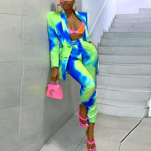 Fashion Long Sleeve Outfit 2021 Women Elegant Pattern Printed Blazer Tops & Long Cargo Pants Autumn Turn-down Collar 2 Piece Set