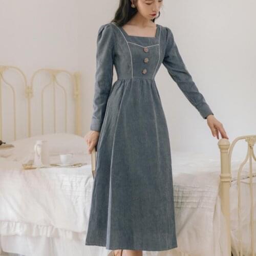 Autumn New Arrival vintage French style Square Collar Stripe Corduroy Long Sleeve Women Velvet Long Dress