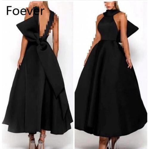 2020 New Arrival High Neck Black evening dresses Backless with Bow Evening gowns abendkleider formal dress party