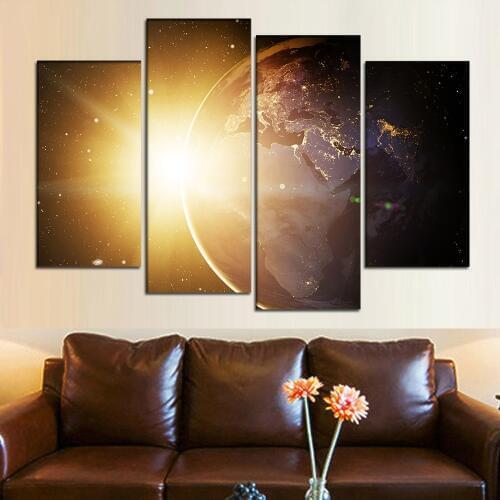 4 Pieces Framed Wall Art Canvas Sunlight Painting Planet Earth Poster Space Picture HD Canvas Print Custom