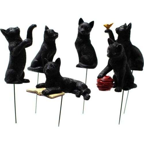 6PCS Luminous Eye Black Cat Mini Statue Lawn Art Ornaments Outdoor Garden Microlandschaft Plug-in Cat Decor For Potted Plants