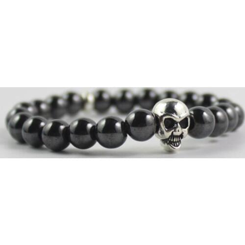 Antique Silver Color Alloy Skull Beads Bracelet With 8mm Hematite Round Beads As Gift For Father Brother Friends HB1005