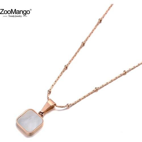 ZooMango Rose Gold White Shell Square Pendant Necklaces For Girls Titanium Stainless Steel Female Chain Choker Necklace ZN19145