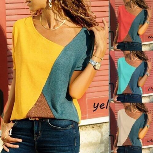 Droppshiping Women Patchwork Color Block Short Sleeve Loose Fit T-Shirts Tops for Summer dg88