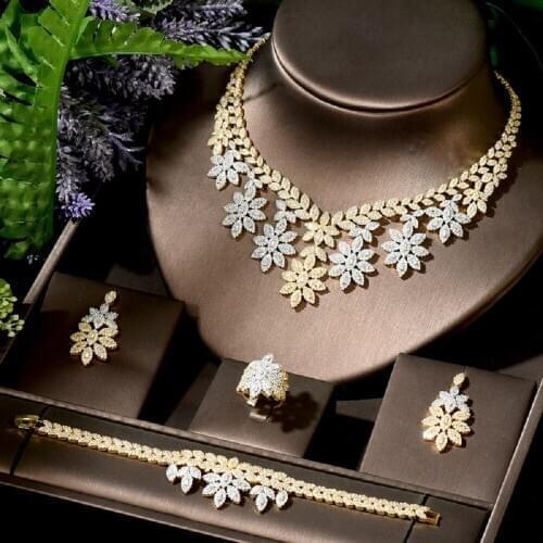 HIBRIDE 4PCS Leaf Design CZ Jewelry Sets for Women Bridal Wedding Nigeria Necklace Earring Set Party Accessories Bijoux N-1740