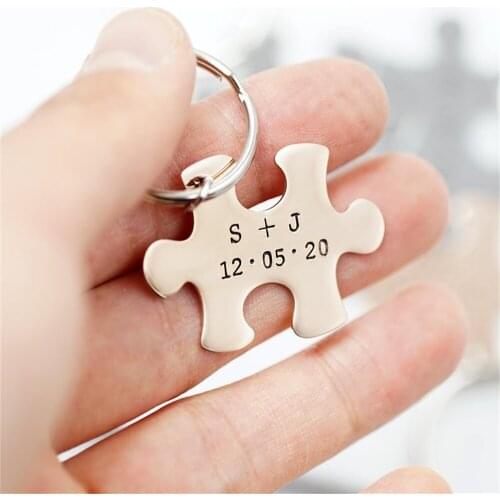 Customized Puzzle Name Keychain Personalized Couple Friend Name Engraved Date Wedding Anniversary Gift