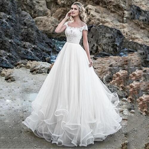 Beautiful A-Line Wedding Dresses White Tulle Gowns Illusion O-Neck Custom Made Bridal Gowns with Applqiues
