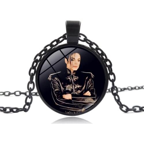 Cool Classic Black Music Idol Michael Jackson Portrait Round Glass MJ Pendent Necklace for Women Men Girl Kid Jewelry Gift