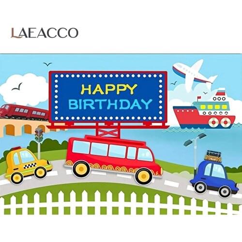 Laeacco Baby Cartoon Car Trip Traffic Plane Road Way Happy Birthday Party Baby Customized Poster Photo Background Photo Backdrop